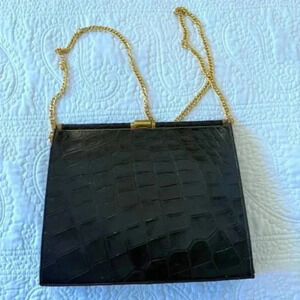 deitsch Rare Black Crocodile Handbag with Gold Hardware 1950s
